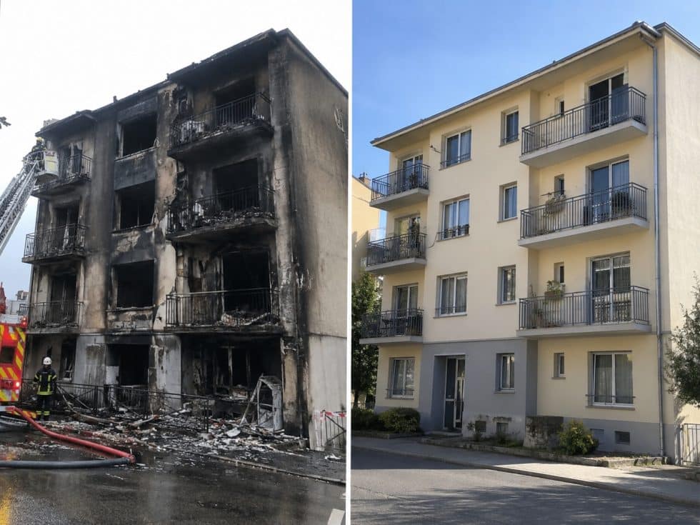 Immeuble d’habitation sinistré par un incendie puis rénové, avec reconstruction des façades et des balcons