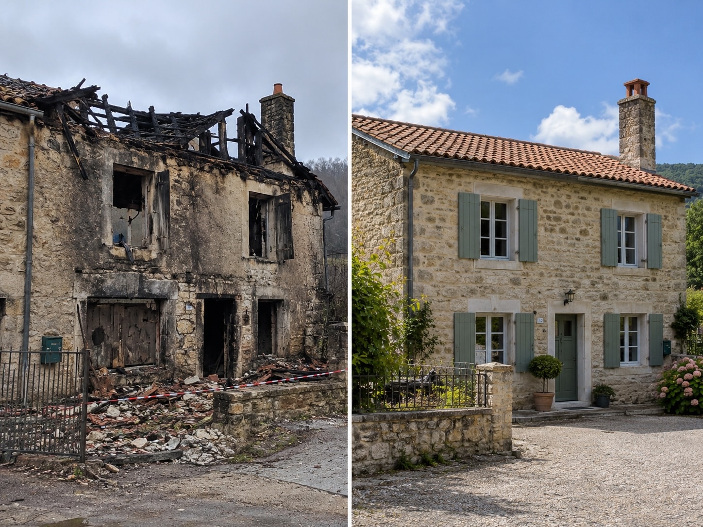 Maison ancienne en pierre endommagée par un incendie puis reconstruite, avec restauration de la toiture et des façades