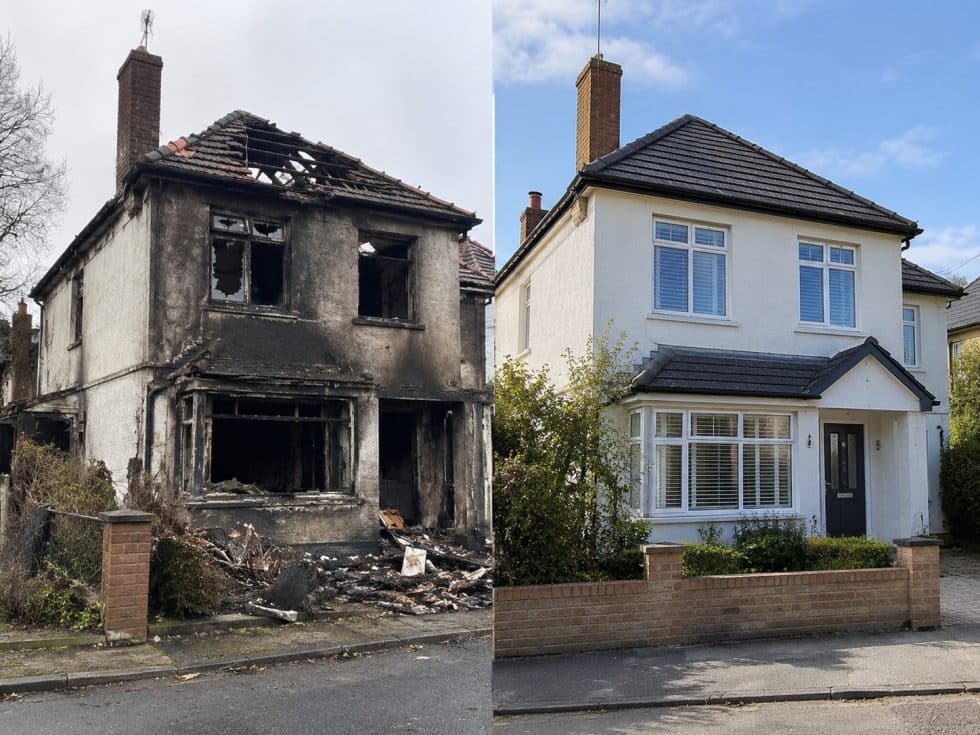 Maison individuelle endommagée par un incendie puis entièrement reconstruite, comparaison avant et après les travaux de reconstruction